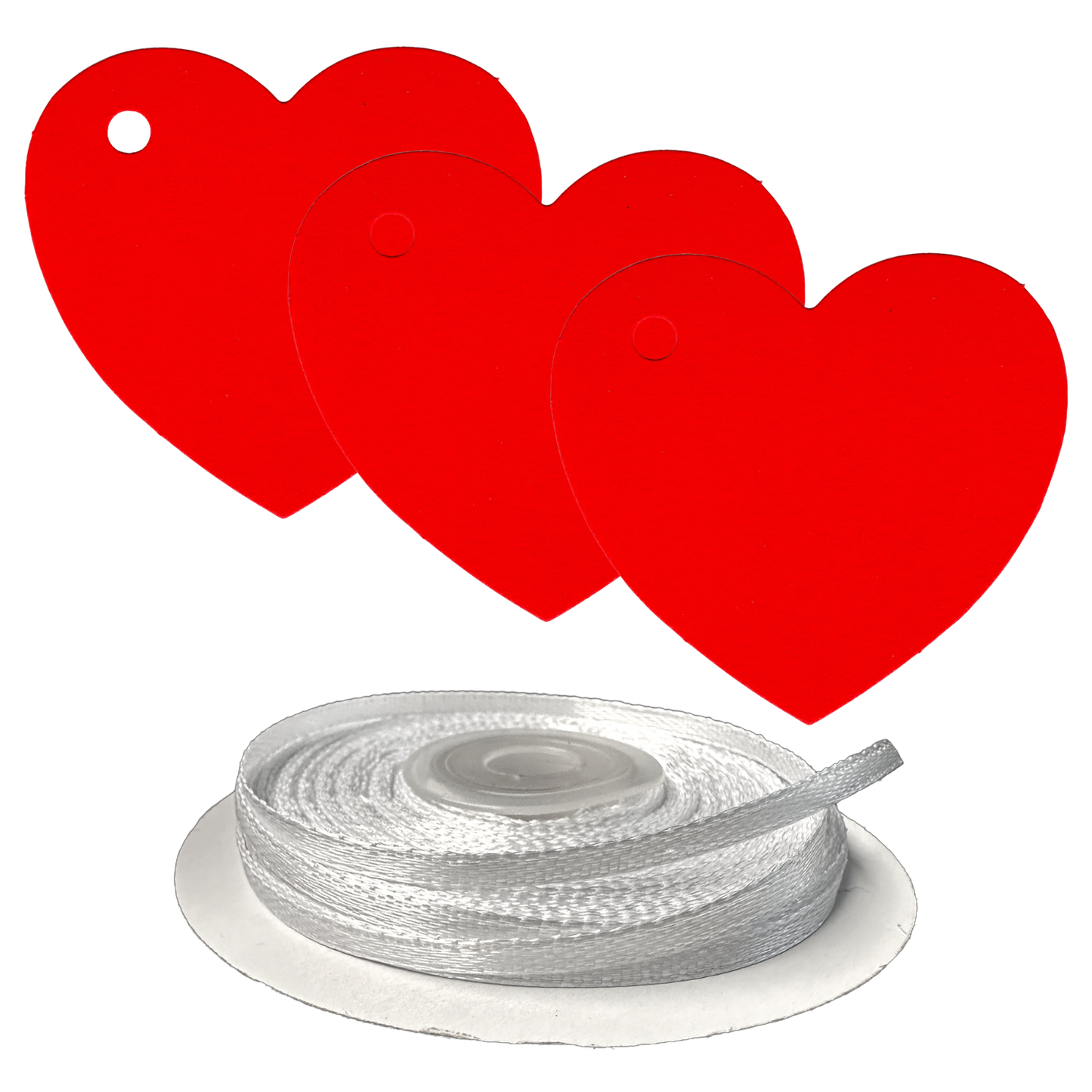 100 Heart Shaped Gift Tags with White Satin Ribbon -  21 Colours, Birthday Xmas