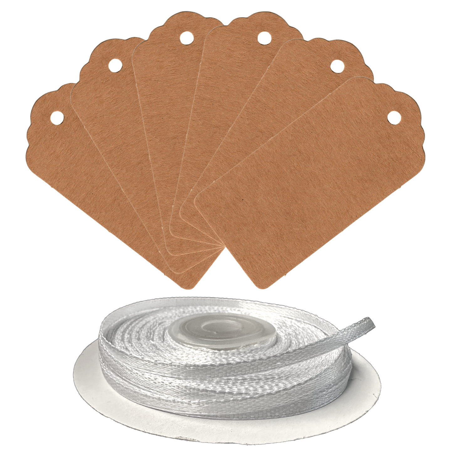 100 Rectangle Scalloped Gift Tags with White Satin Ribbon - 21 Colours Christmas