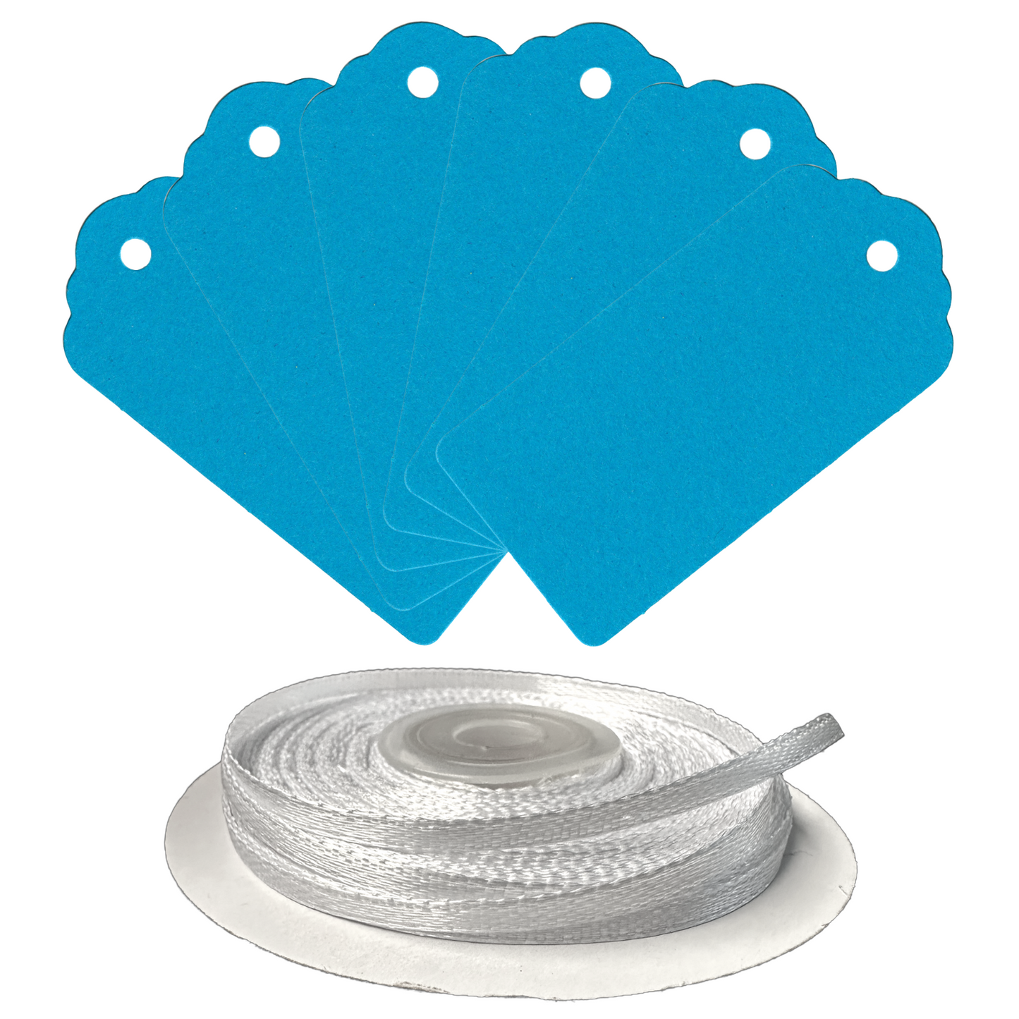 100 Rectangle Scalloped Gift Tags with White Satin Ribbon - 21 Colours Christmas