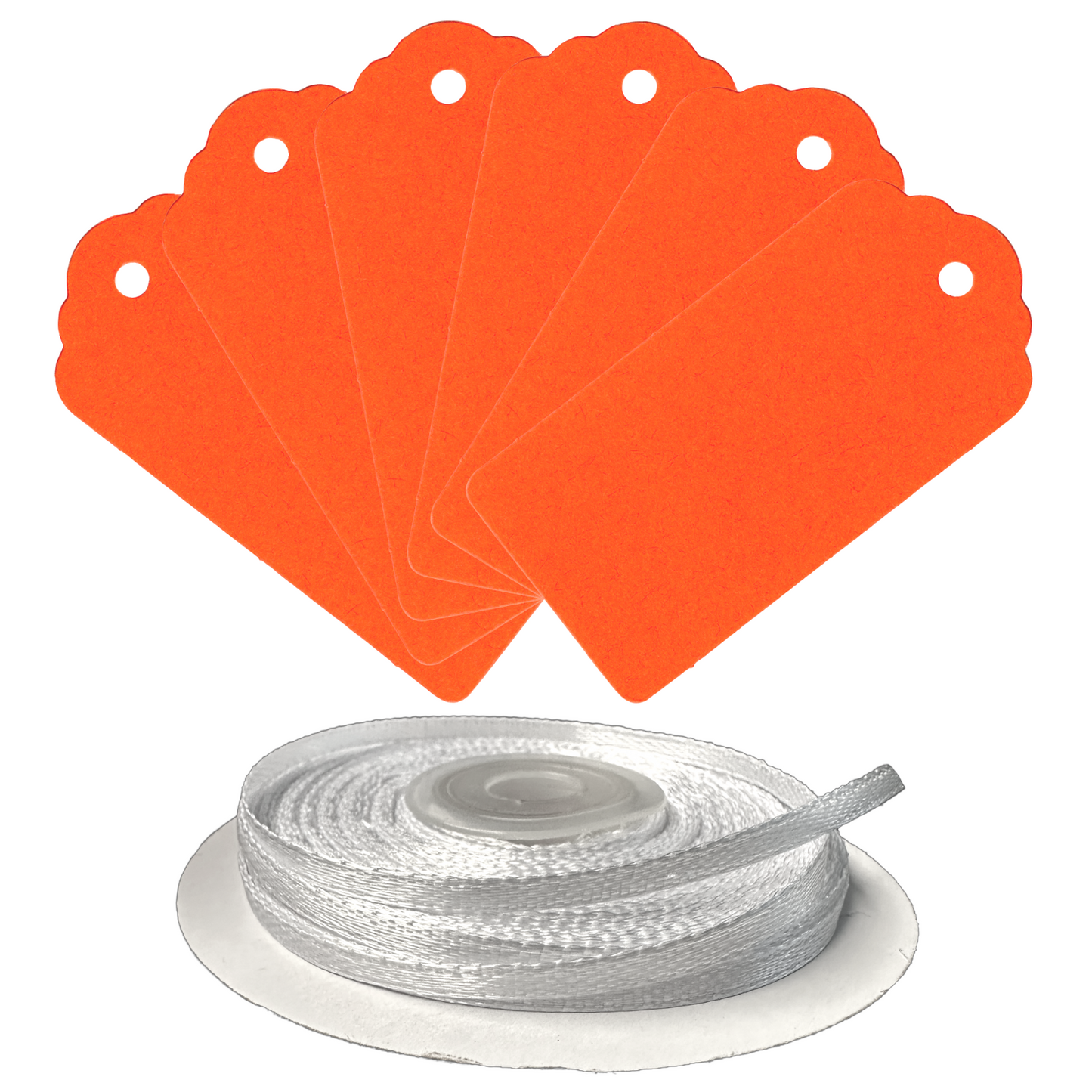 100 Rectangle Scalloped Gift Tags with White Satin Ribbon - 21 Colours Christmas