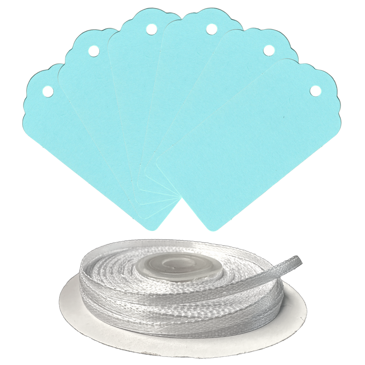 100 Rectangle Scalloped Gift Tags with White Satin Ribbon - 21 Colours Christmas