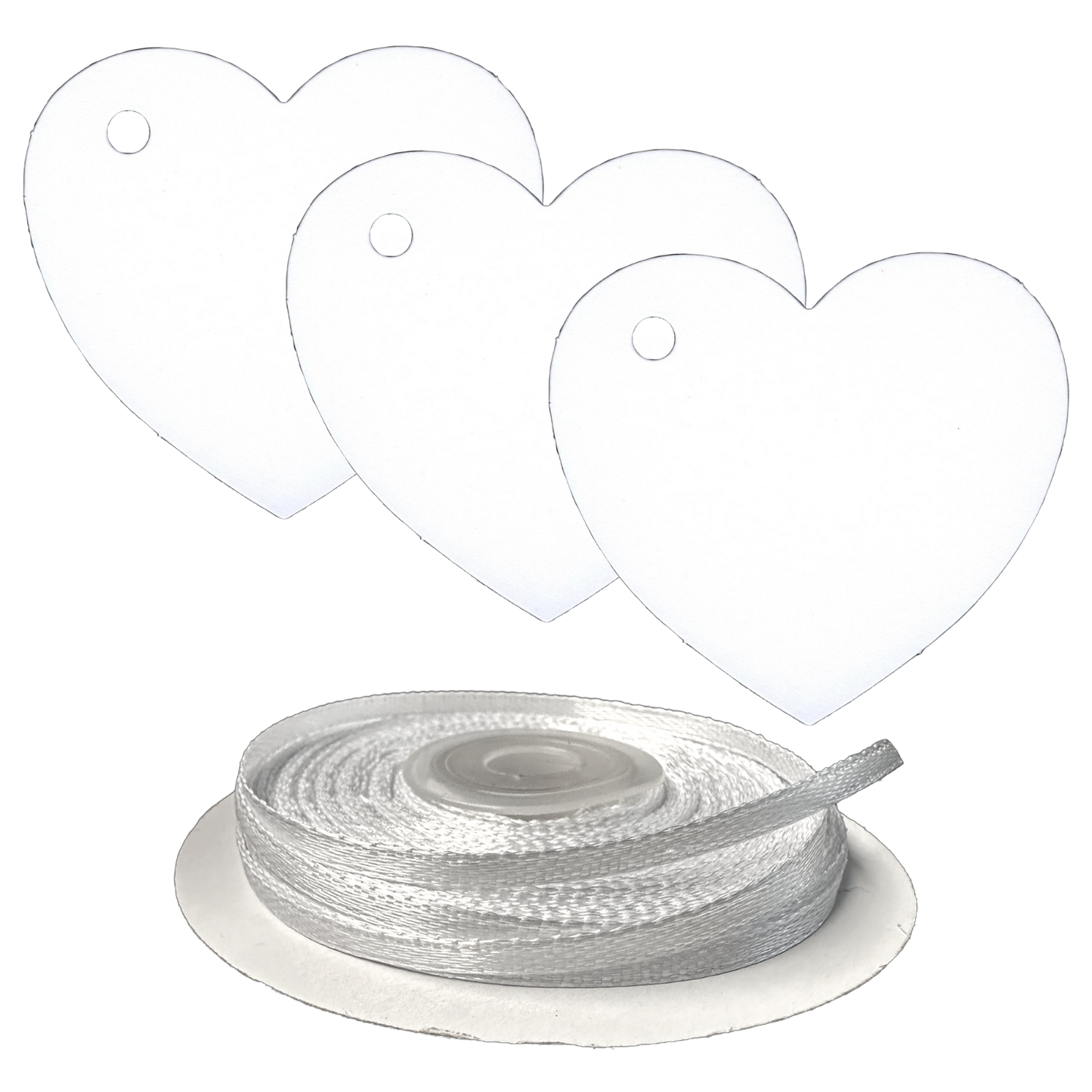 100 Heart Shaped Gift Tags with White Satin Ribbon -  21 Colours, Birthday Xmas