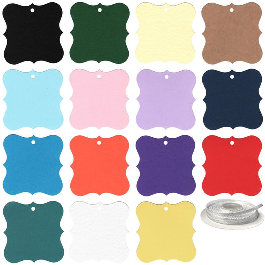 100 Designer Gift Tags with White Satin Ribbon -  21 Colours, Birthday Xmas