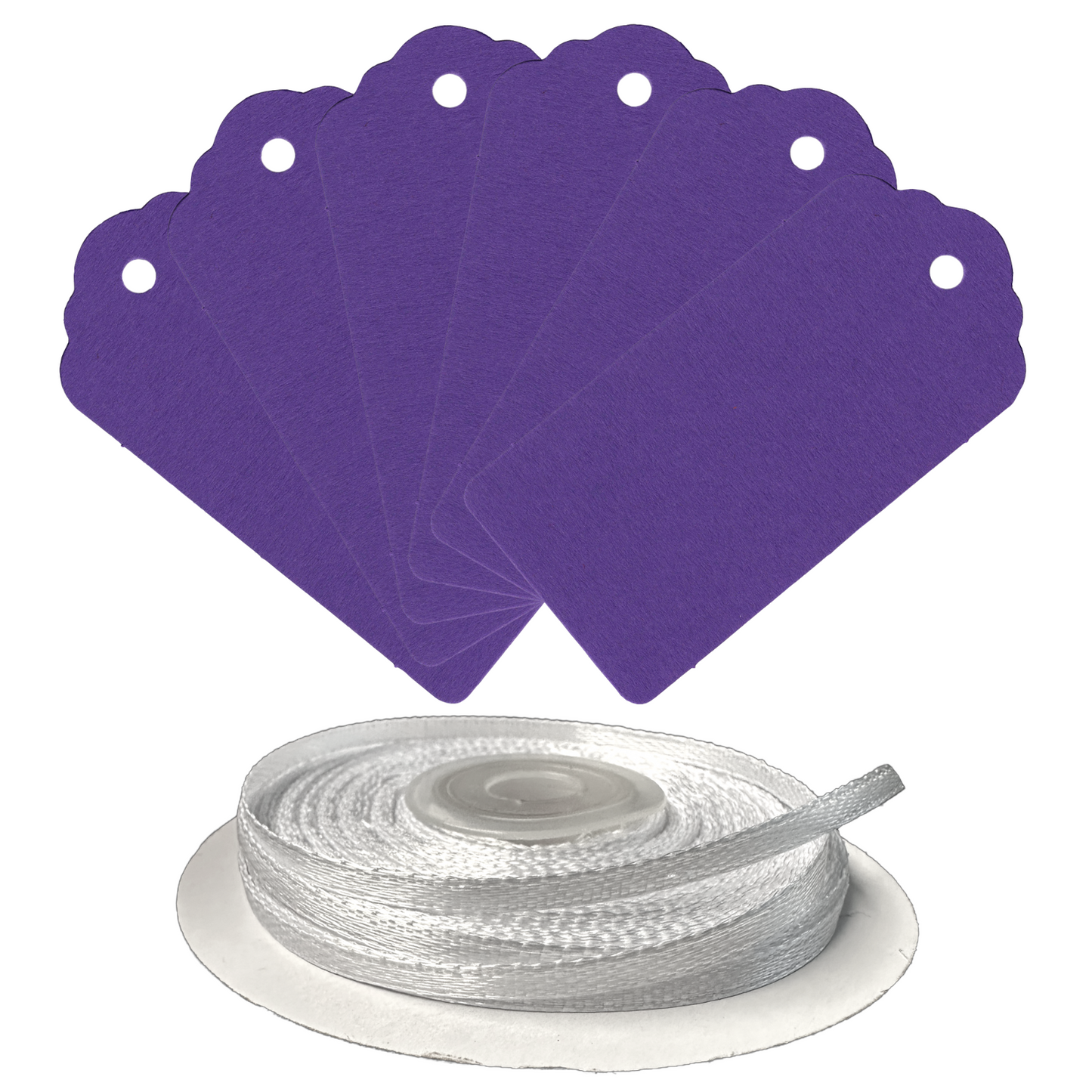 100 Rectangle Scalloped Gift Tags with White Satin Ribbon - 21 Colours Christmas