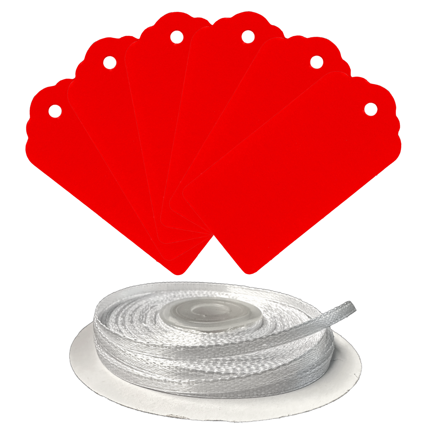 100 Rectangle Scalloped Gift Tags with White Satin Ribbon - 21 Colours Christmas