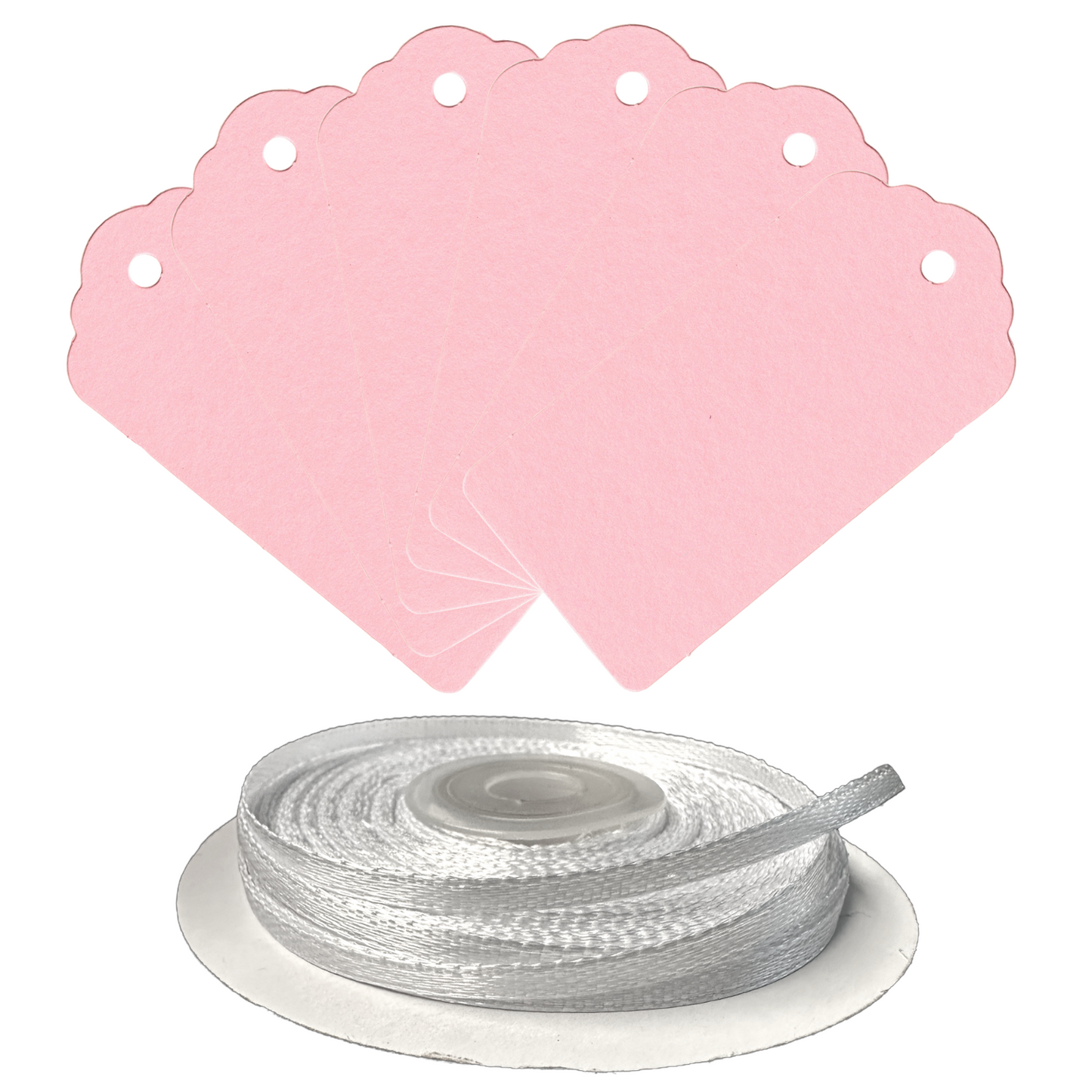 100 Rectangle Scalloped Gift Tags with White Satin Ribbon - 21 Colours Christmas