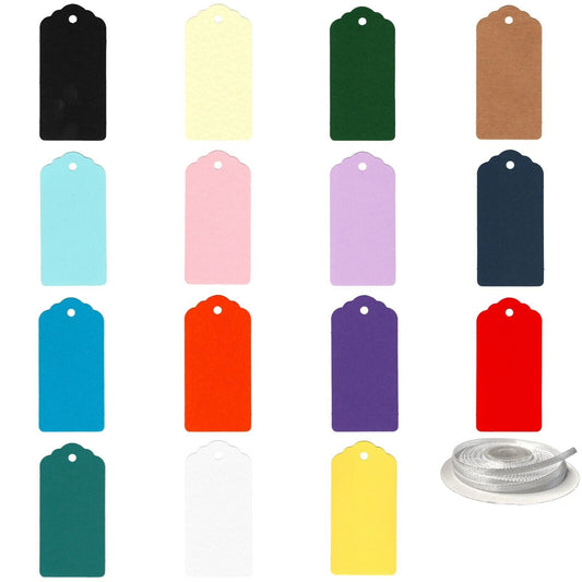100 Rectangle Scalloped Gift Tags with White Satin Ribbon - 21 Colours Christmas