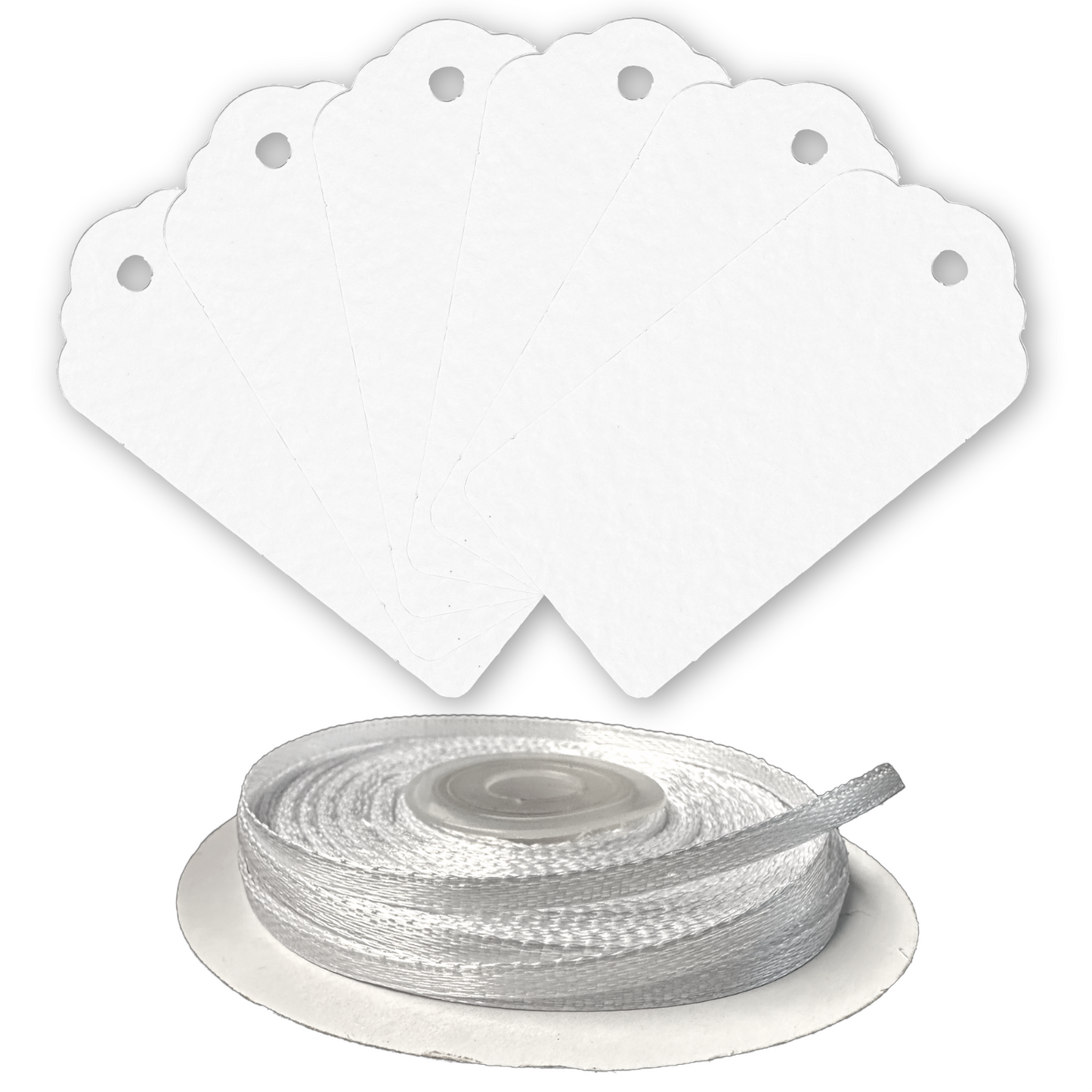 100 Rectangle Scalloped Gift Tags with White Satin Ribbon - 21 Colours Christmas