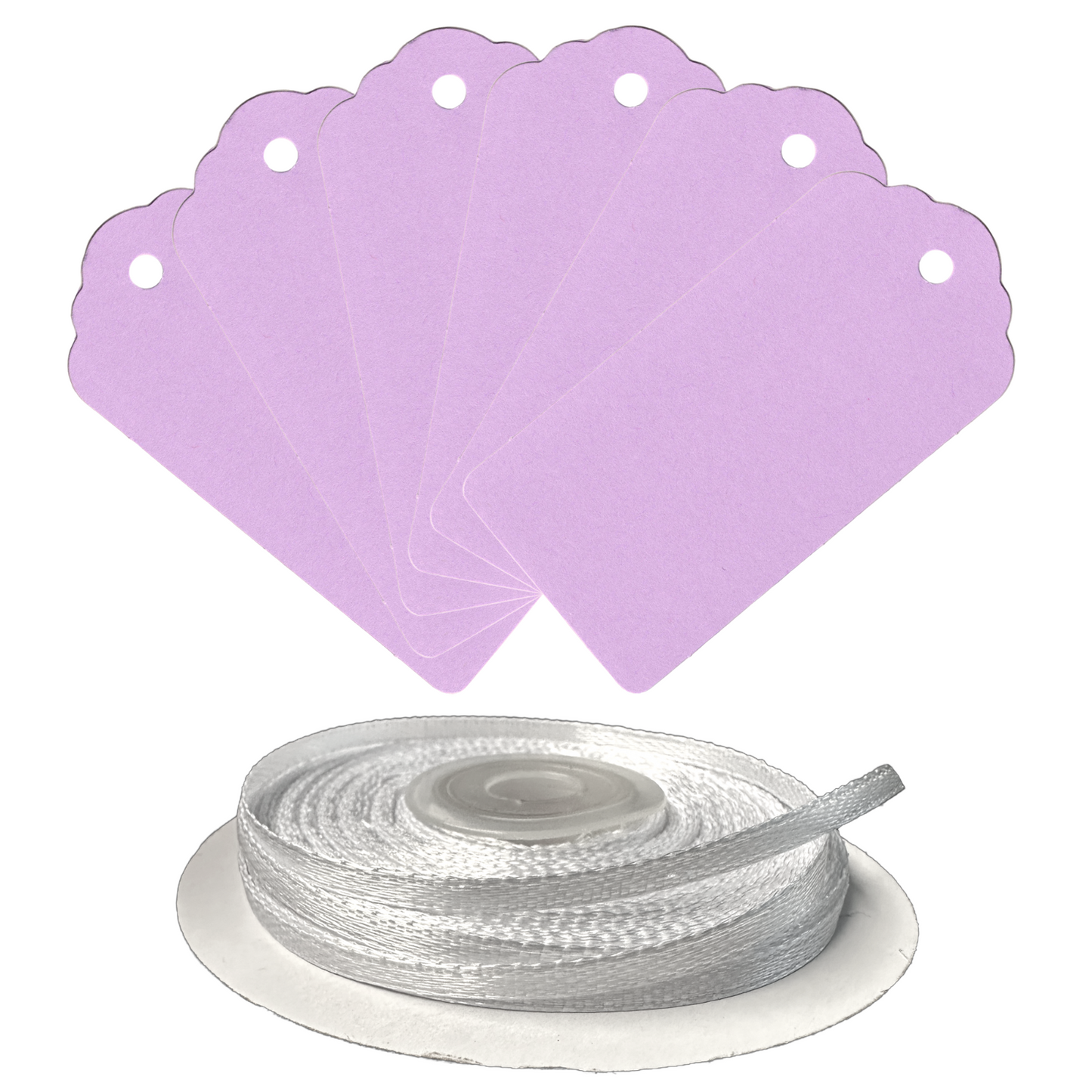 100 Rectangle Scalloped Gift Tags with White Satin Ribbon - 21 Colours Christmas
