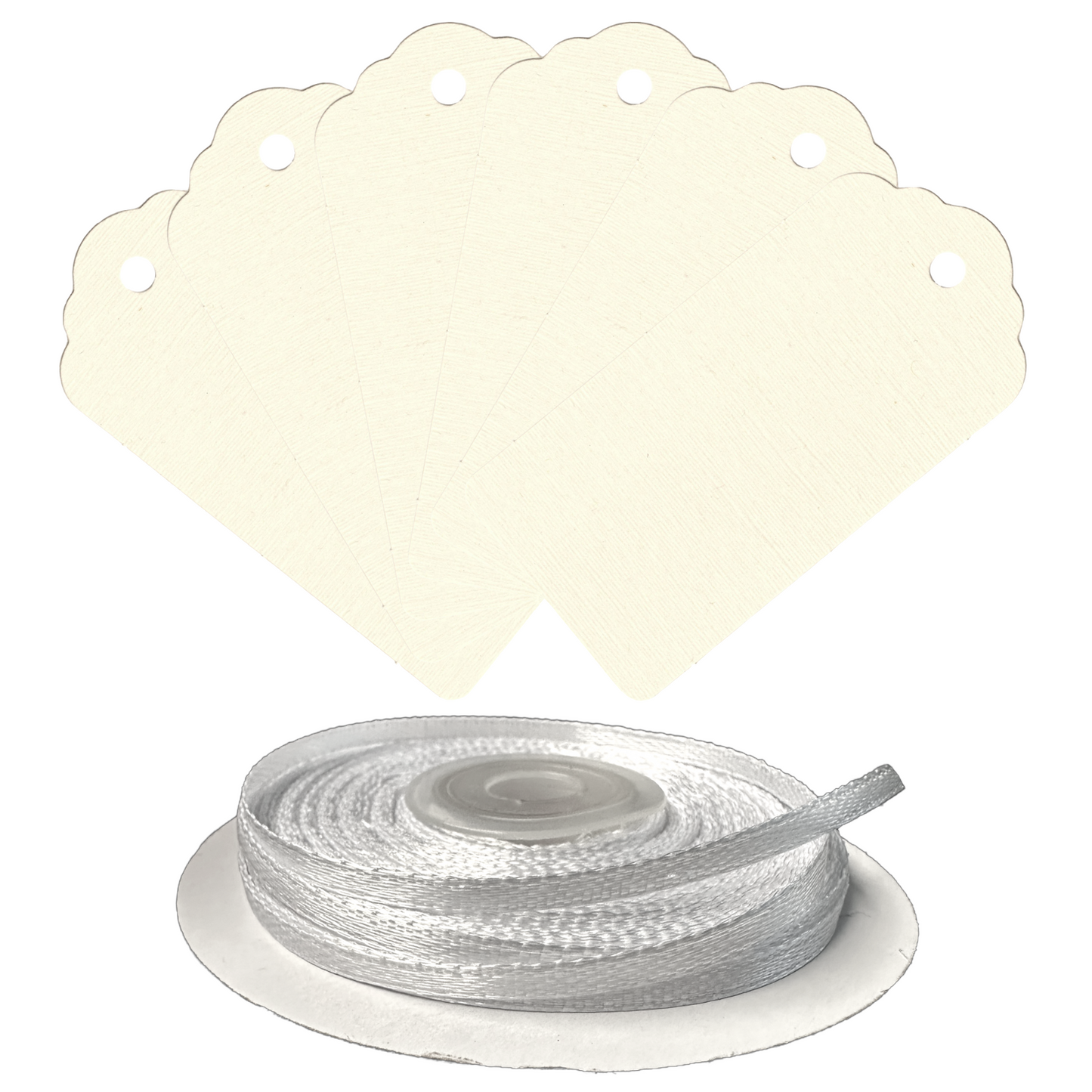 100 Rectangle Scalloped Gift Tags with White Satin Ribbon - 21 Colours Christmas