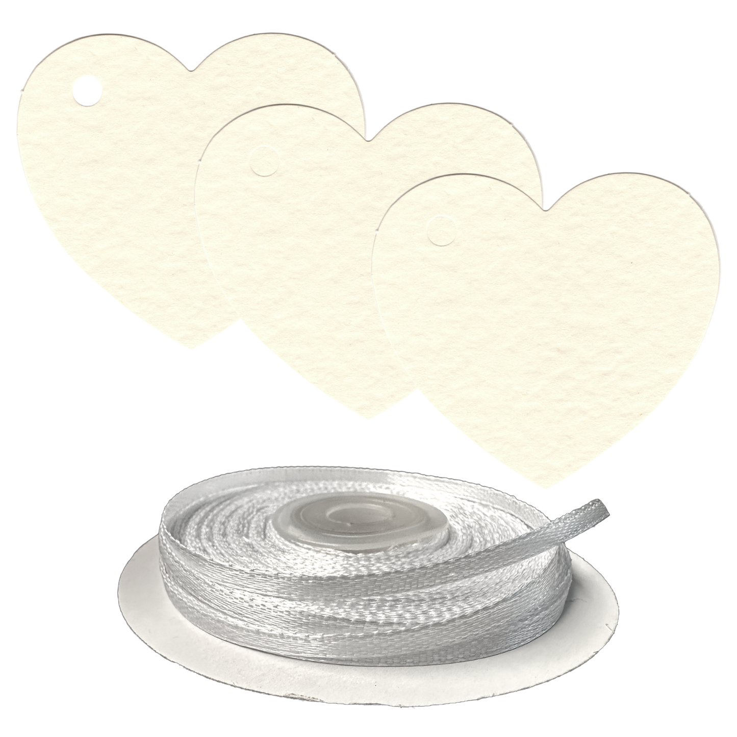 100 Heart Shaped Gift Tags with White Satin Ribbon -  21 Colours, Birthday Xmas