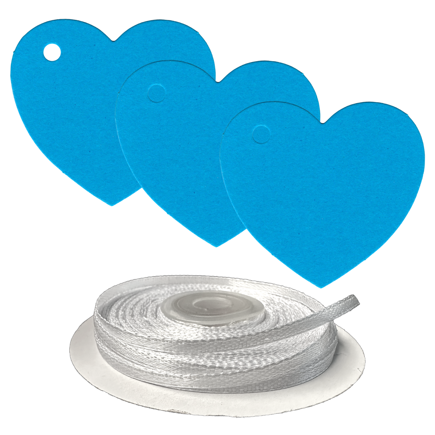 100 Heart Shaped Gift Tags with White Satin Ribbon -  21 Colours, Birthday Xmas